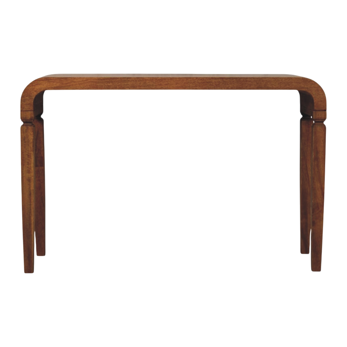 Ventnor Arch Console in Amber, front view. Solid hardwood throughout, amber finish, curved edges on squared legs.