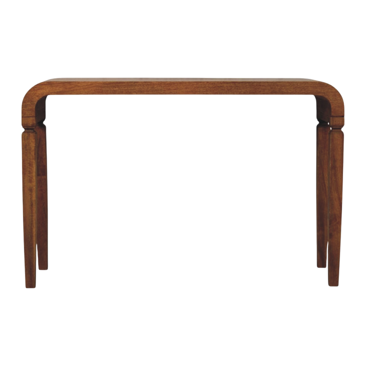 Ventnor Arch Console in Amber, front view. Solid hardwood throughout, amber finish, curved edges on squared legs.