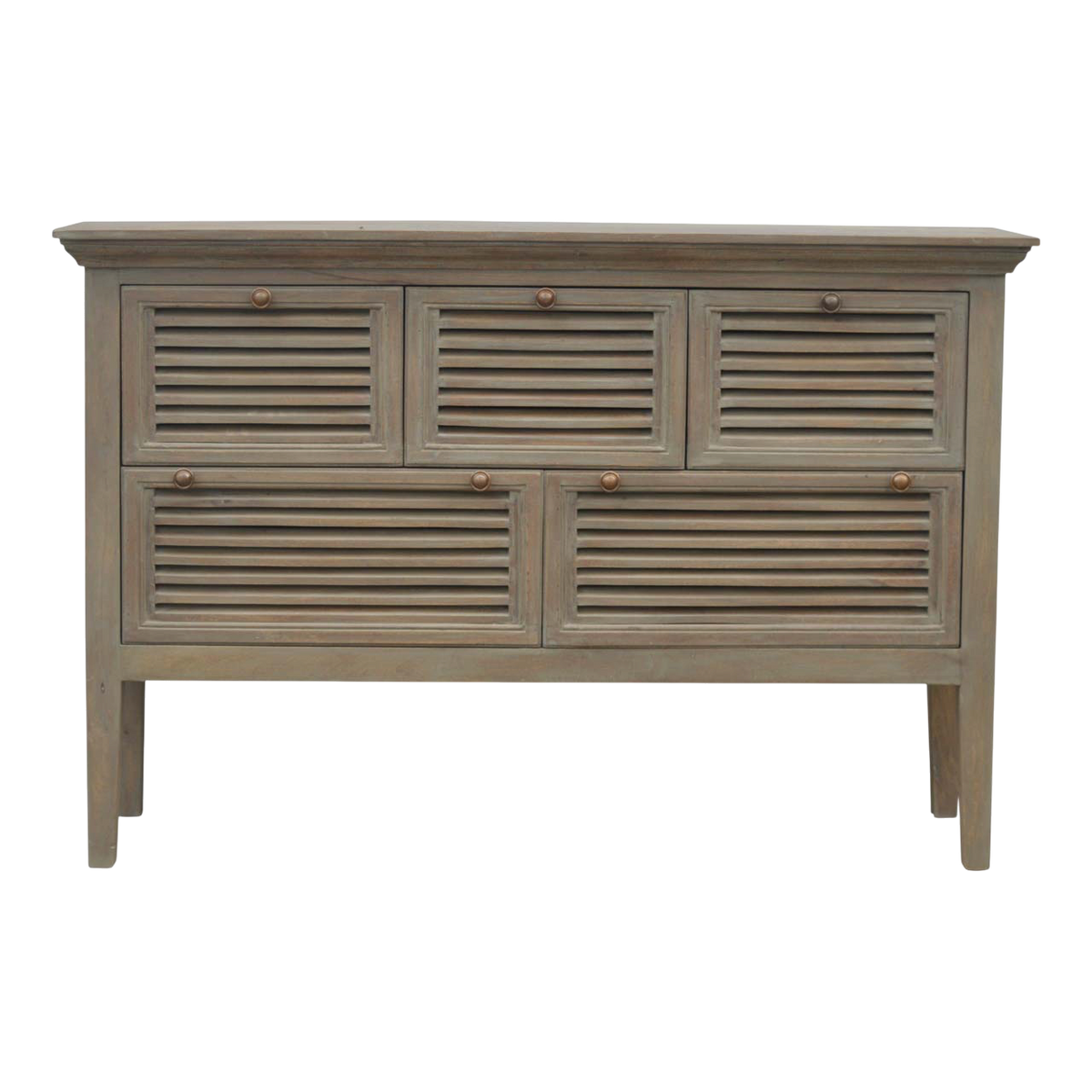 Ventnor Shutter Buffet in Stone, front view. Solid hardwood in a pale stone bleached finish, five louvred shutter-front drawers, round brass knobs.