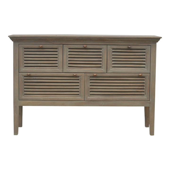 Ventnor Shutter Buffet in Stone, front view. Solid hardwood in a pale stone bleached finish, five louvred shutter-front drawers, round brass knobs.