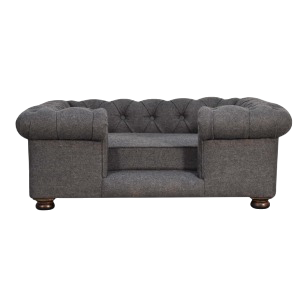 Westminster Chesterfield Pet Bed in Grey Tweed, front view. Deep button-tufted tweed with a padded cushion on turned legs.