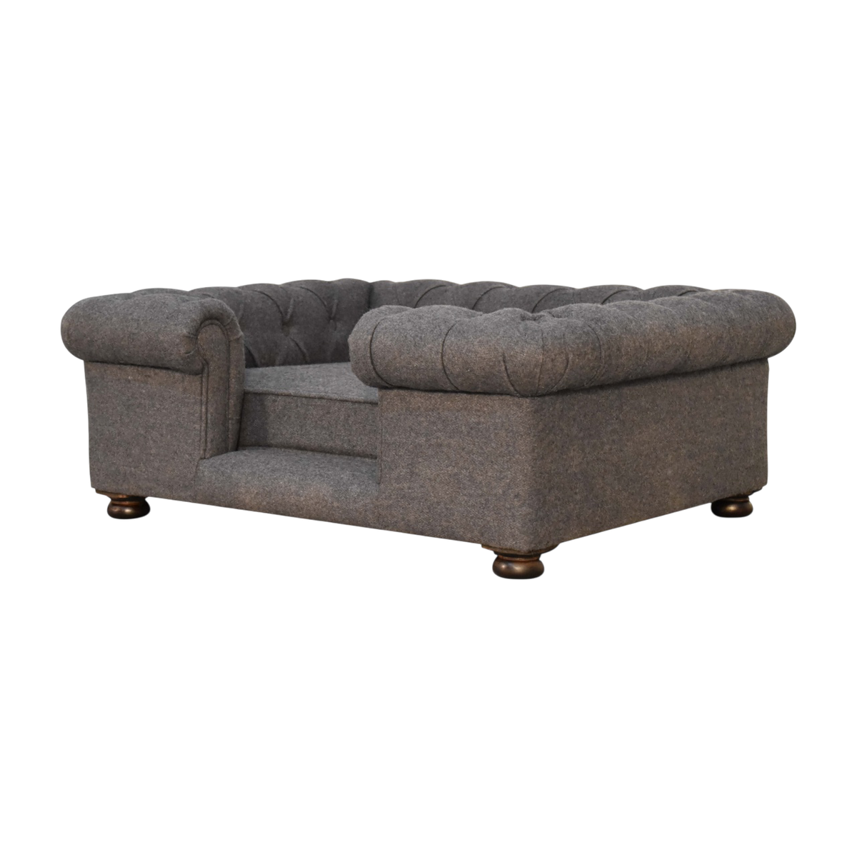 Westminster Chesterfield Pet Bed in Grey Tweed, three-quarter view showing the full profile.
