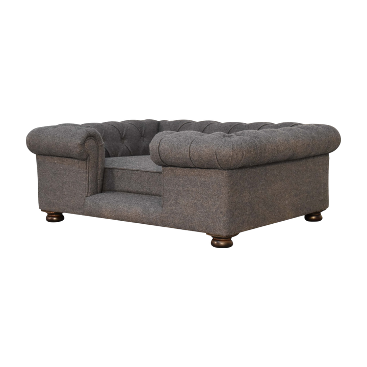 Westminster Chesterfield Pet Bed in Grey Tweed, three-quarter view showing the full profile.