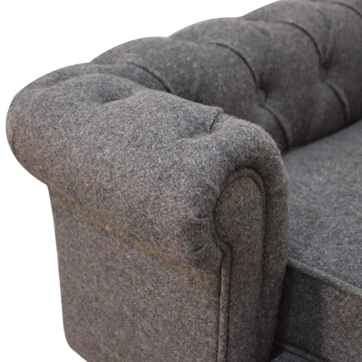 Close view of the button tufting and upholstery on the Westminster Chesterfield Pet Bed in Grey Tweed.