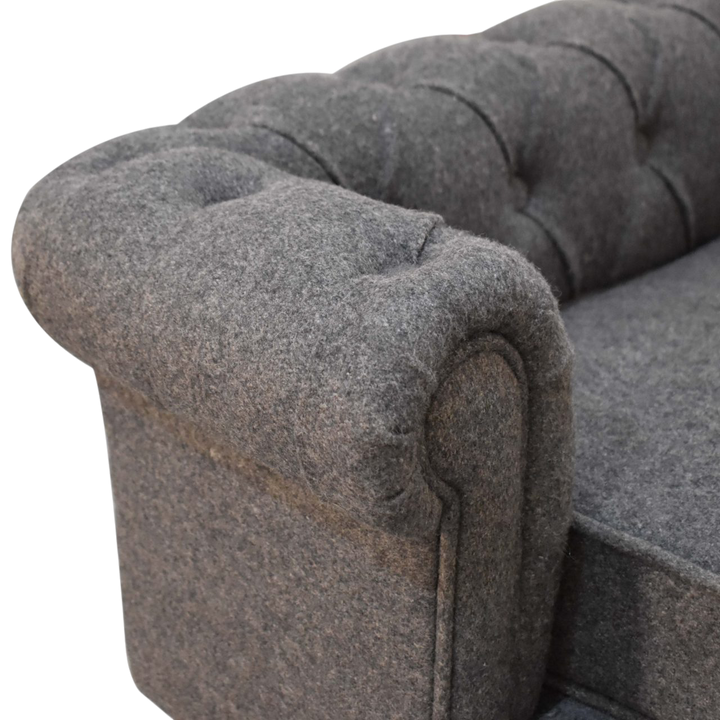 Close view of the button tufting and upholstery on the Westminster Chesterfield Pet Bed in Grey Tweed.