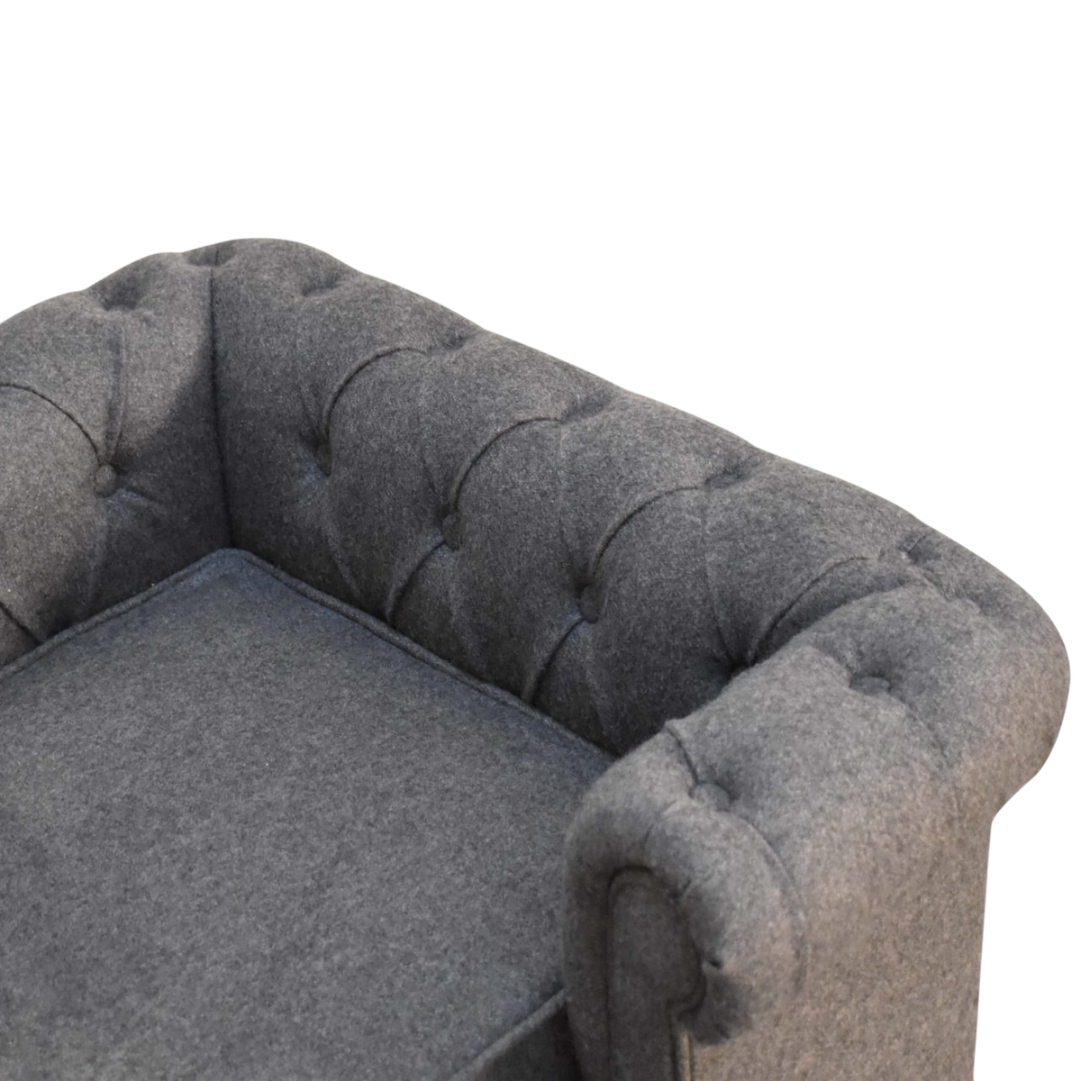 Close view of the cushioned interior on the Westminster Chesterfield Pet Bed in Grey Tweed.