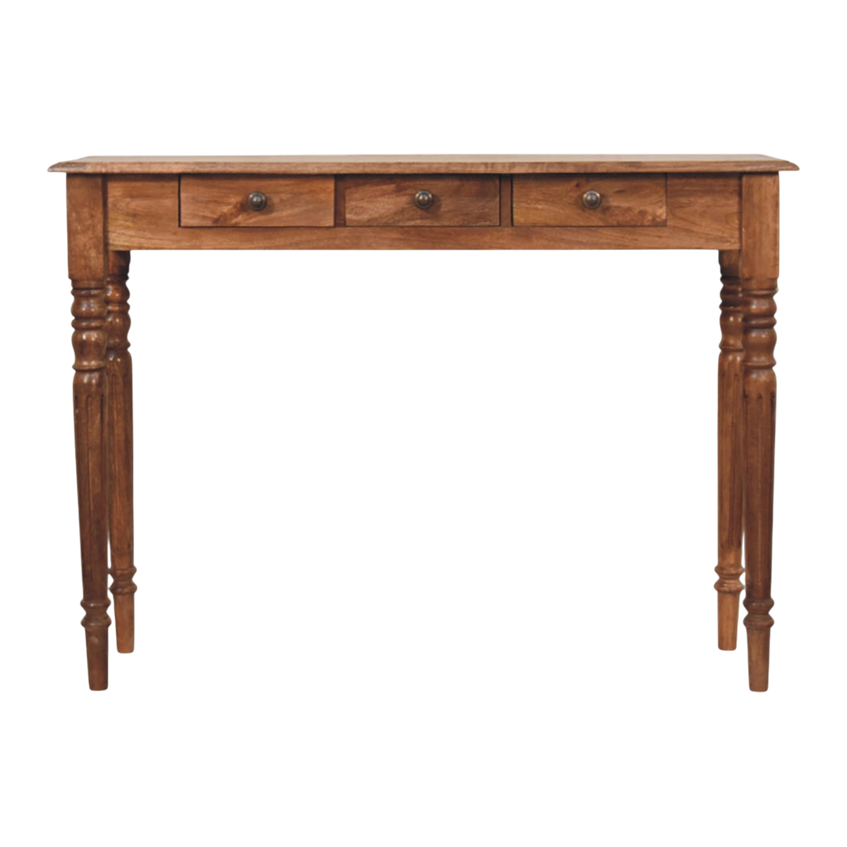 Wetherby 3-Drawer Console in Amber, front view. Solid hardwood throughout, amber finish, finely turned legs.