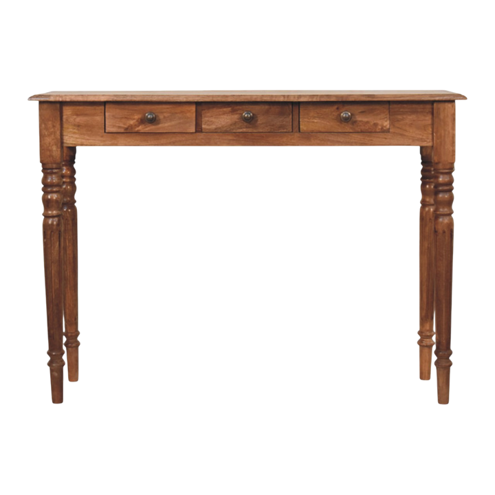 Wetherby 3-Drawer Console in Amber, front view. Solid hardwood throughout, amber finish, finely turned legs.