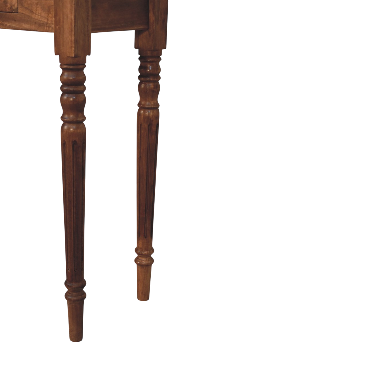 Close view of the turned legs on the Wetherby 3-Drawer Console in Amber.