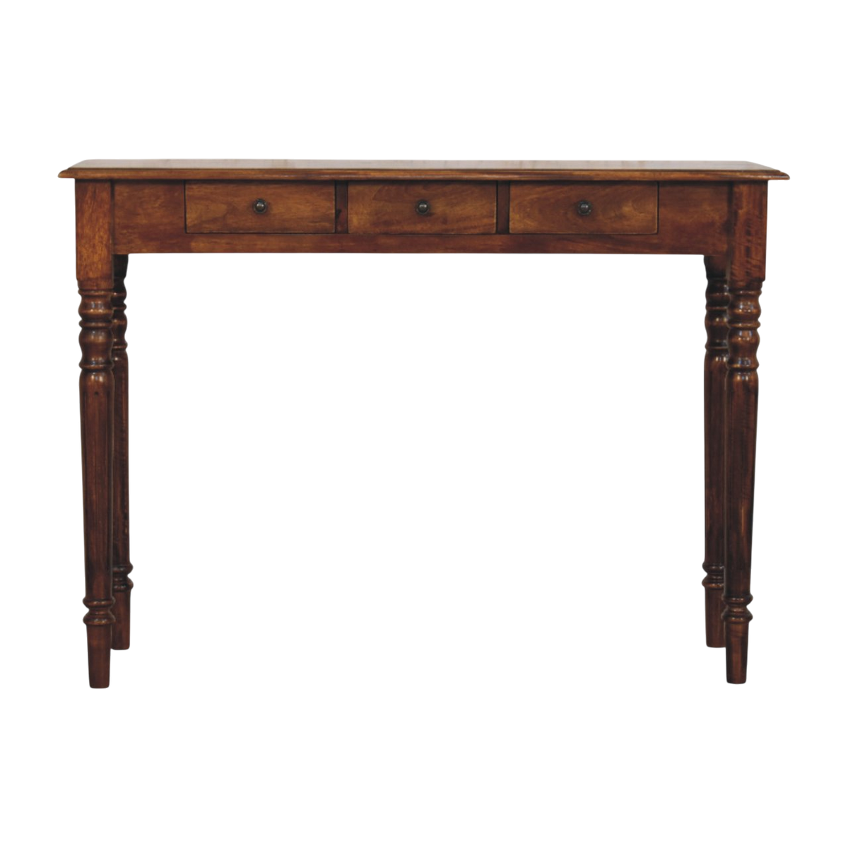 Wetherby 3-Drawer Console in Chestnut, front view. Solid hardwood throughout, chestnut finish, turned legs.