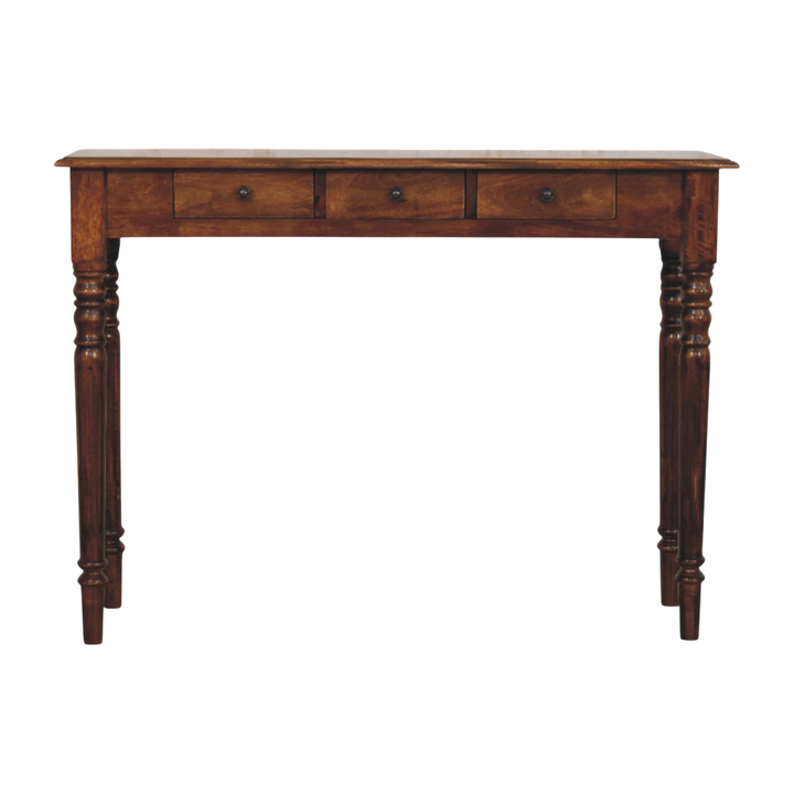Wetherby 3-Drawer Console in Chestnut, front view. Solid hardwood throughout, chestnut finish, turned legs.