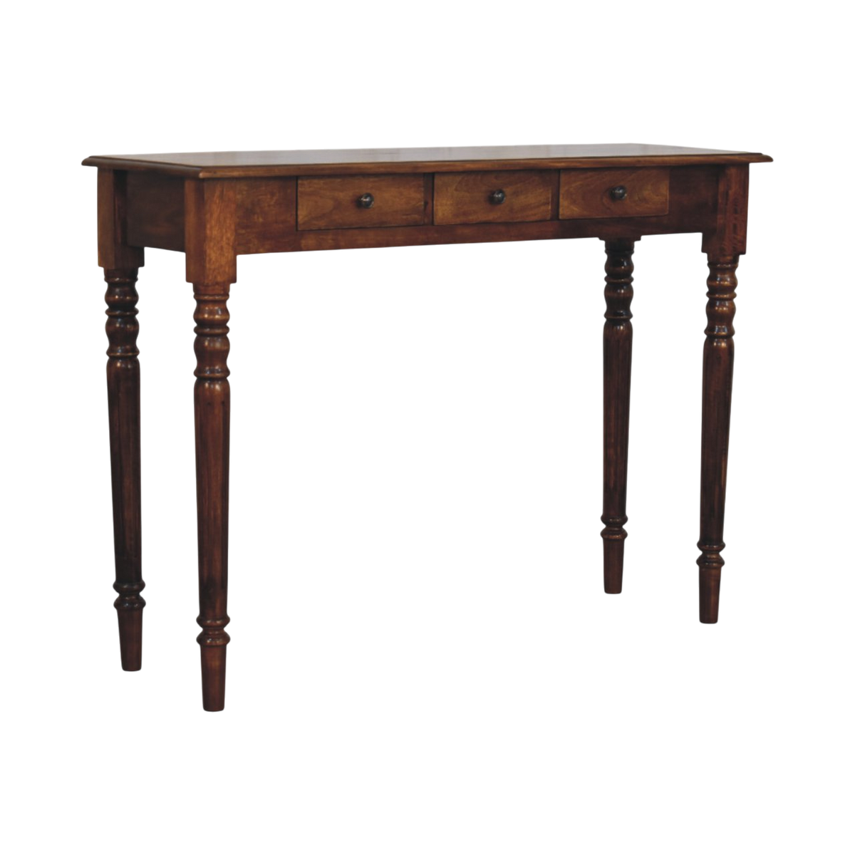 Wetherby 3-Drawer Console in Chestnut, three-quarter view showing the full profile.