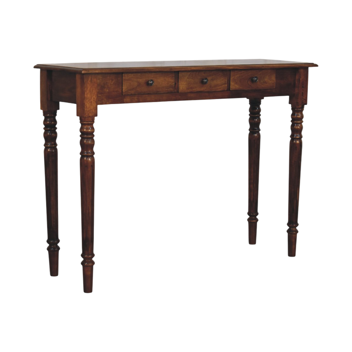 Wetherby 3-Drawer Console in Chestnut, three-quarter view showing the full profile.