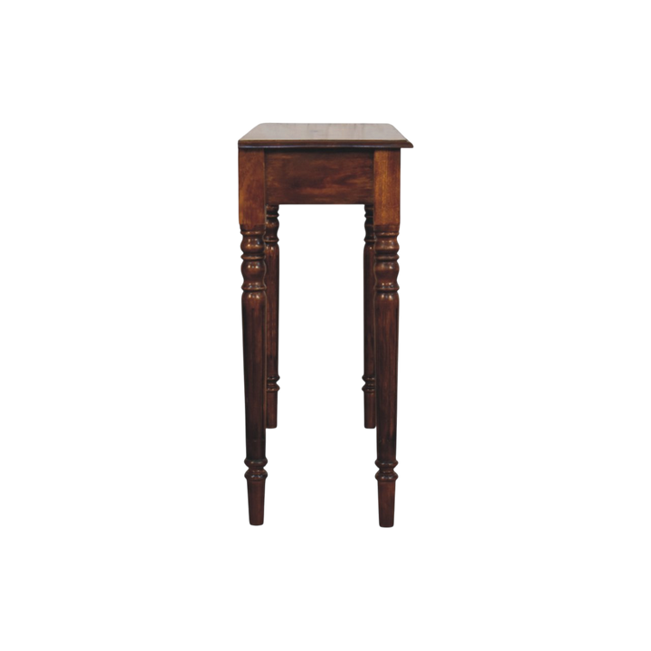 Wetherby 3-Drawer Console in Chestnut, side view showing the depth.