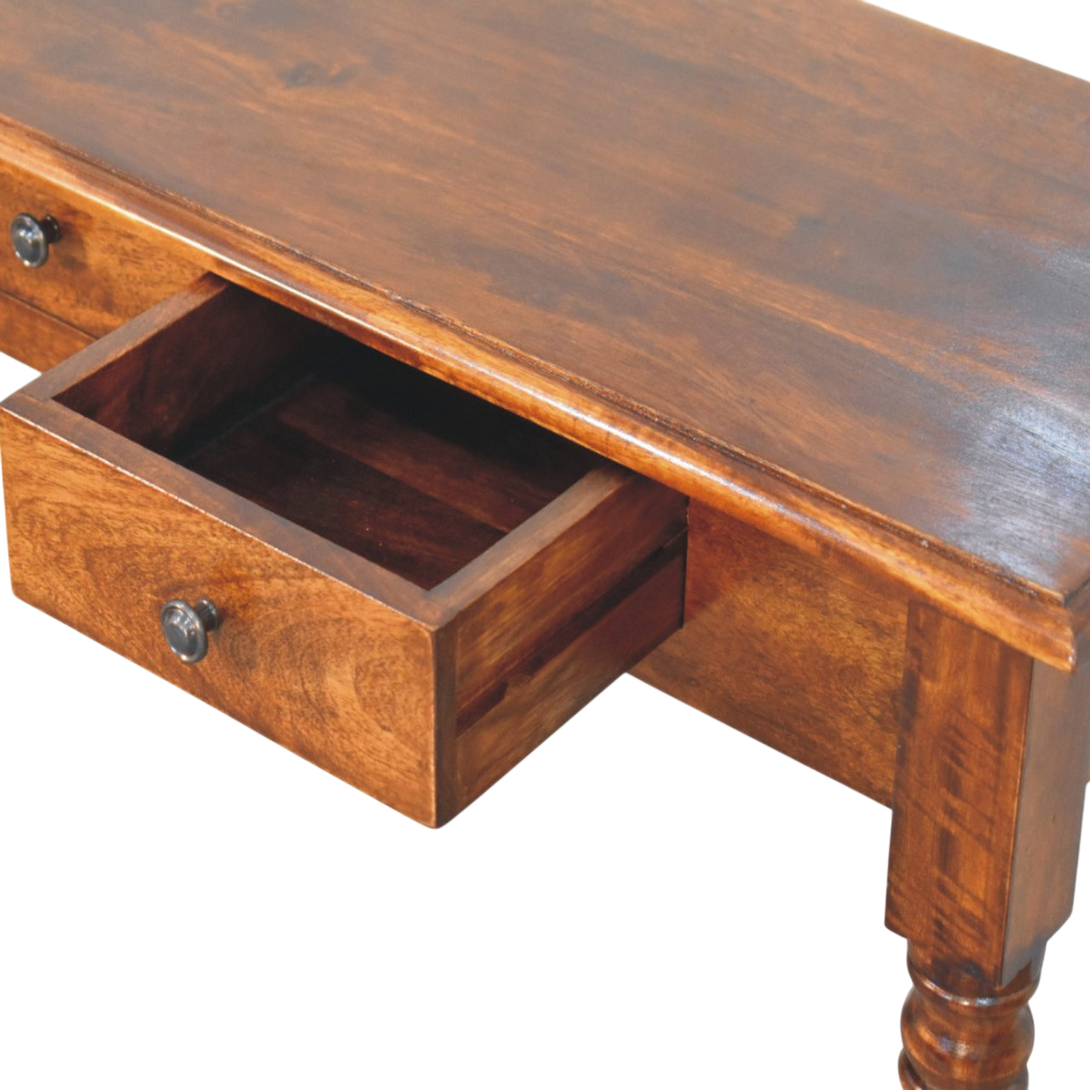 Wetherby 3-Drawer Console in Chestnut, shown with a drawer open.