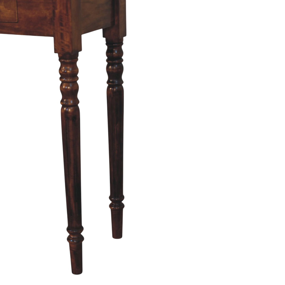 Close view of the turned legs on the Wetherby 3-Drawer Console in Chestnut.