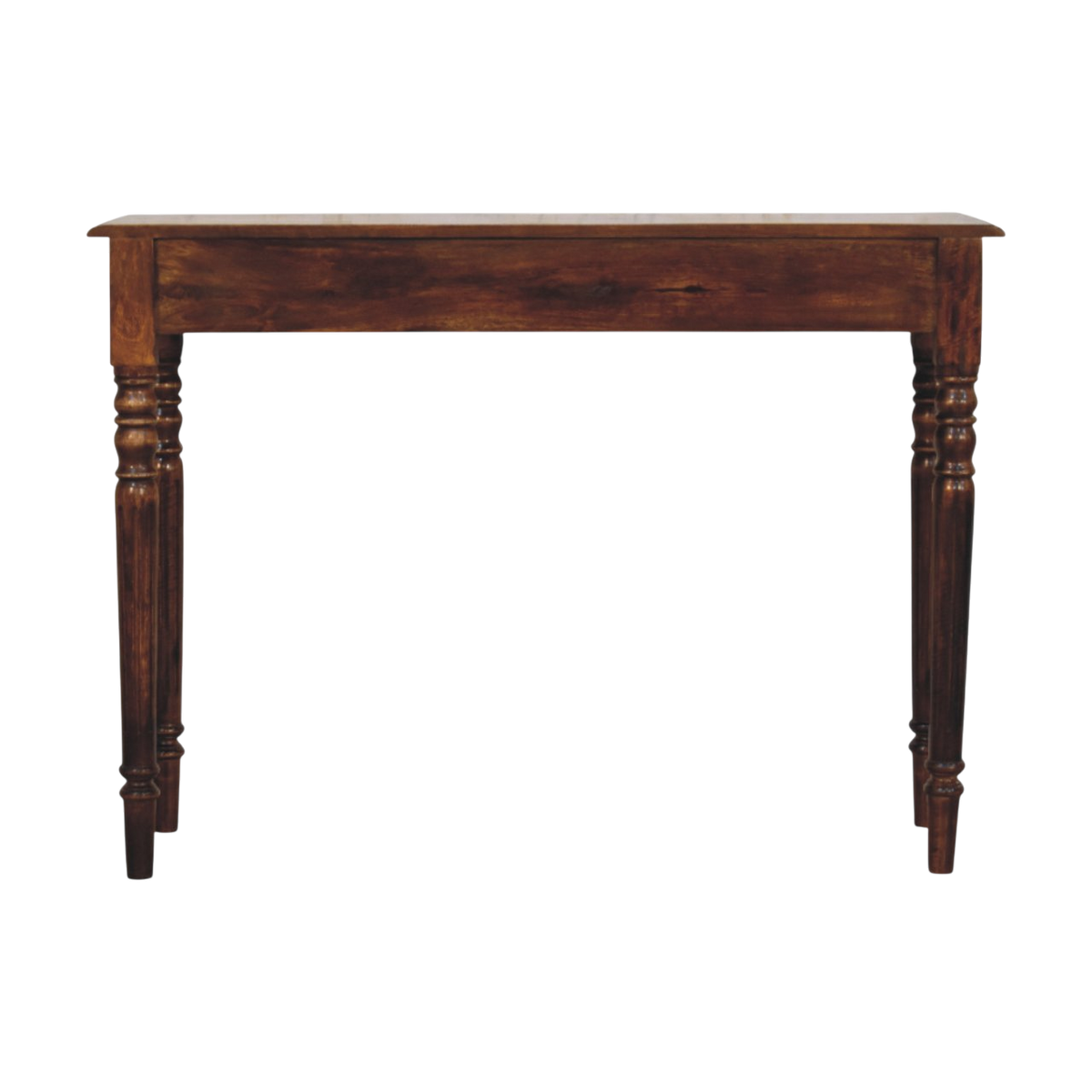 Wetherby 3-Drawer Console in Chestnut, rear view.