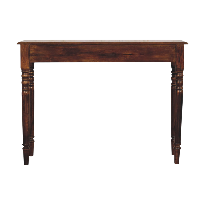 Wetherby 3-Drawer Console in Chestnut, rear view.