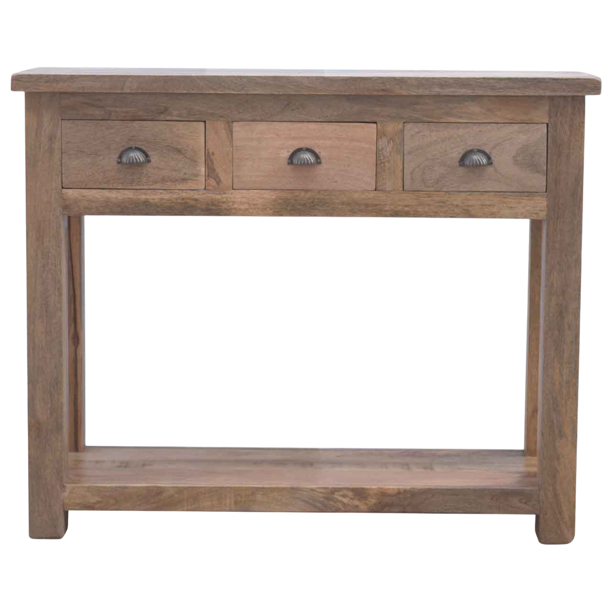Wetherby 3-Drawer Hall Console in Driftwood, front view. 100% solid hardwood in a pale driftwood finish, three drawers, brass shell handles, straight farmhouse legs.