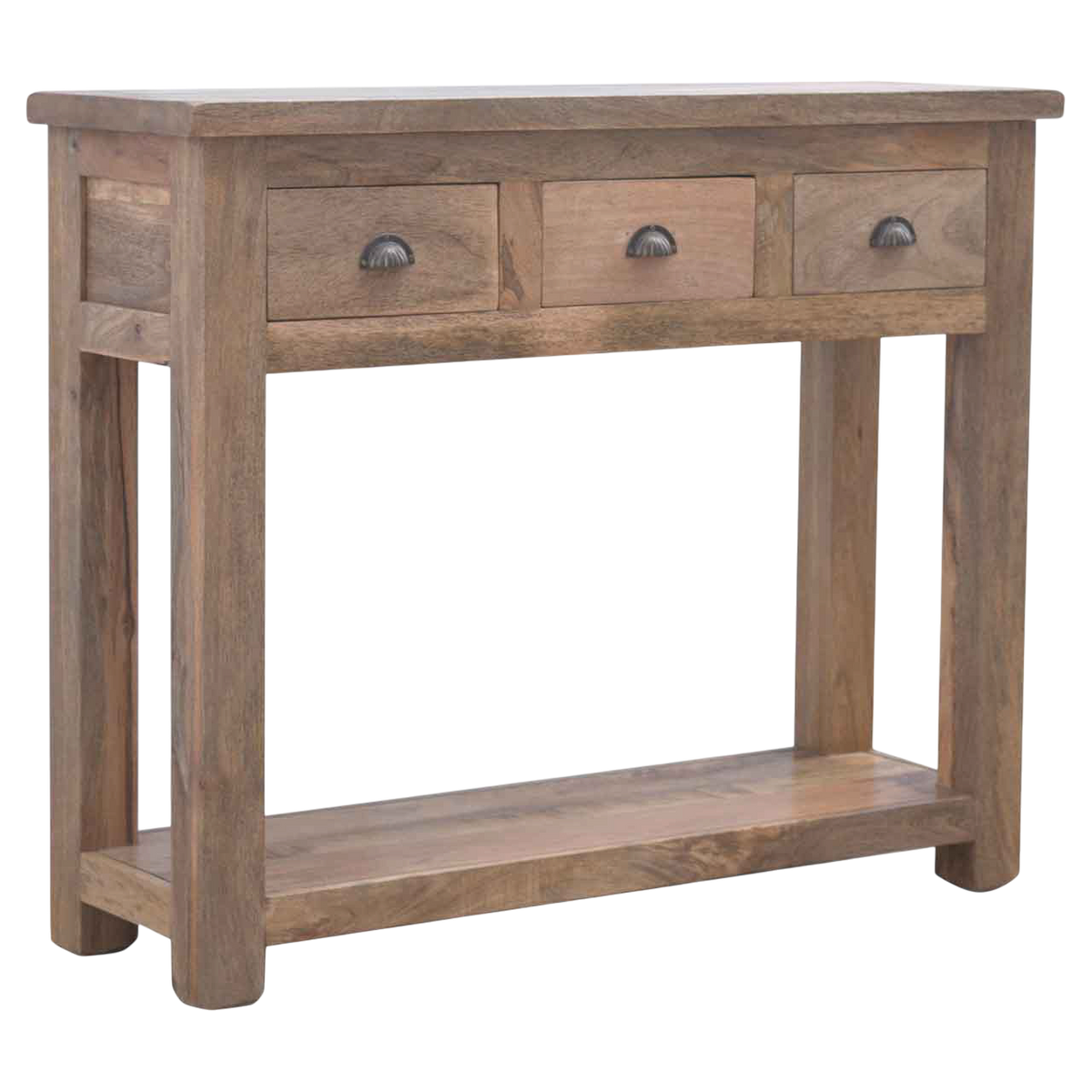 Wetherby 3-Drawer Hall Console in Driftwood, three-quarter view showing the full profile.