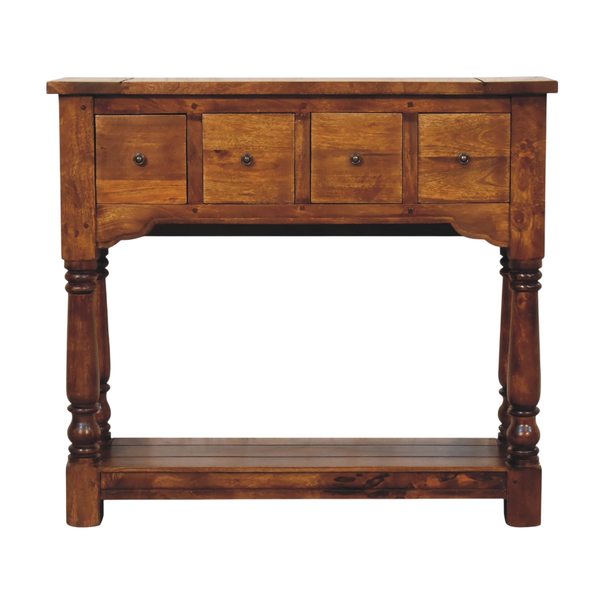 Wetherby 4-Drawer Console Table in Chestnut, front view. 100% solid hardwood in a chestnut finish, four drawers, a lower shelf, legs turned by hand.