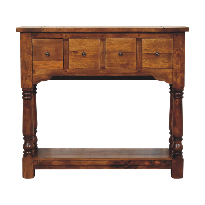 Wetherby 4-Drawer Console Table in Chestnut, front view. 100% solid hardwood in a chestnut finish, four drawers, a lower shelf, legs turned by hand.