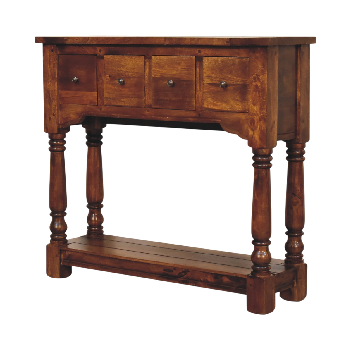 Wetherby 4-Drawer Console Table in Chestnut, three-quarter view showing the full profile.