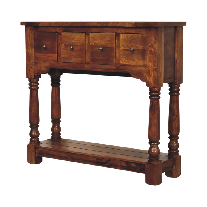 Wetherby 4-Drawer Console Table in Chestnut, three-quarter view showing the full profile.
