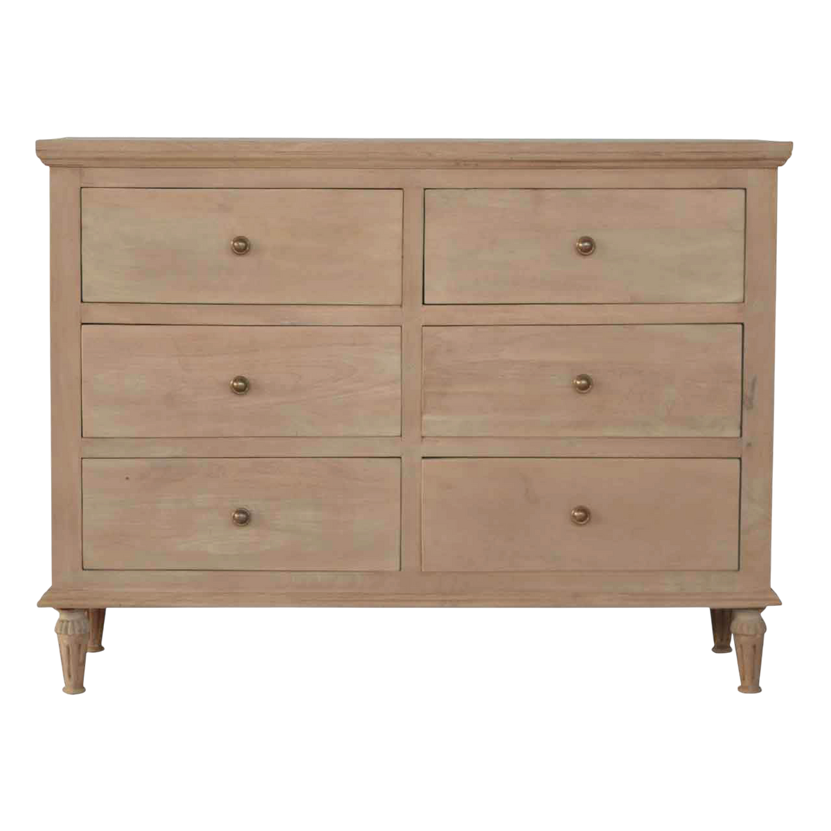 Wetherby 6-Drawer Dresser in Salt, front view. Sustainably sourced 100% solid hardwood in a pale bleached salt finish, six drawers, brass ring pulls.