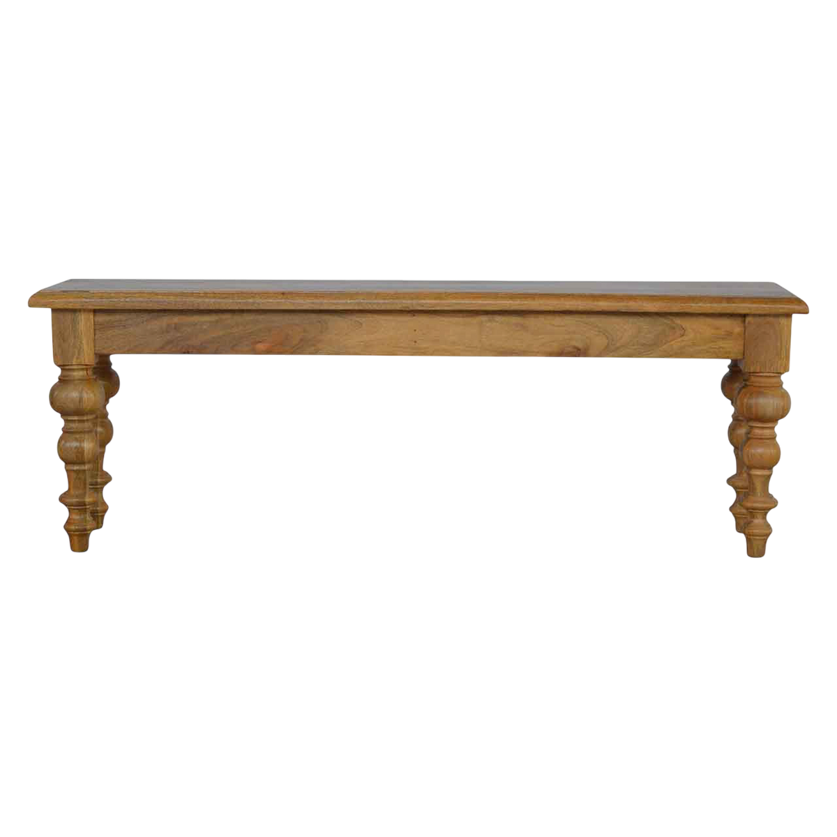 Wetherby Dining Bench in Amber, front view. 100% solid hardwood in a warm amber finish, thick top, four hand-turned legs.