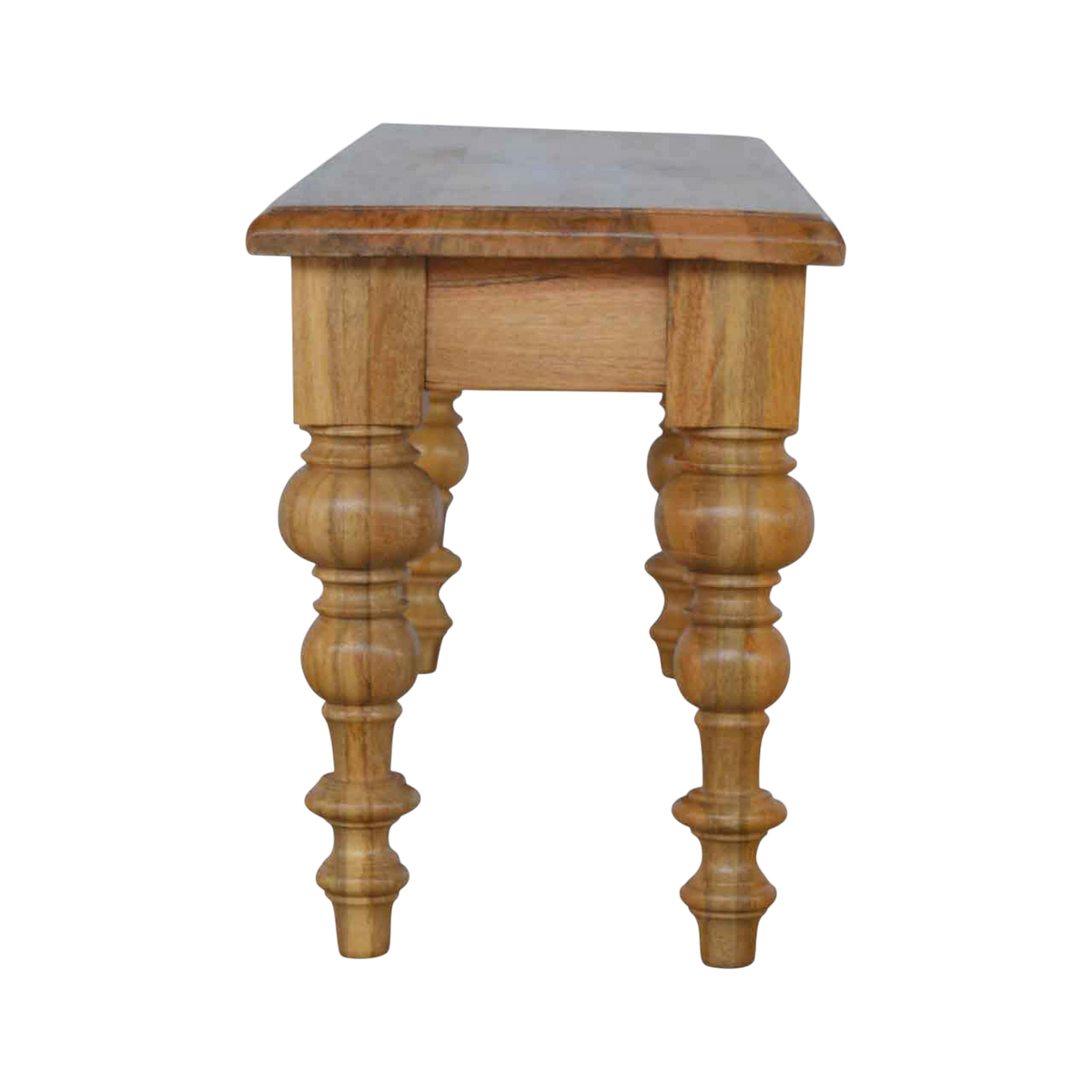 Wetherby Dining Bench in Amber, side view showing the depth.