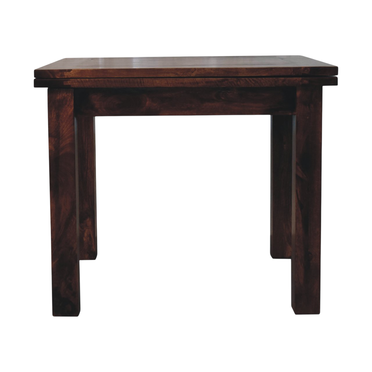 Wetherby Extending Dining Table in Cocoa, front view. Solid hardwood in a deep cocoa finish, butterfly extension stored beneath the top, square form.