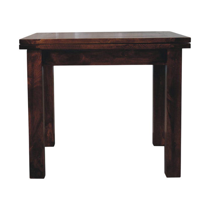 Wetherby Extending Dining Table in Cocoa, front view. Solid hardwood in a deep cocoa finish, butterfly extension stored beneath the top, square form.
