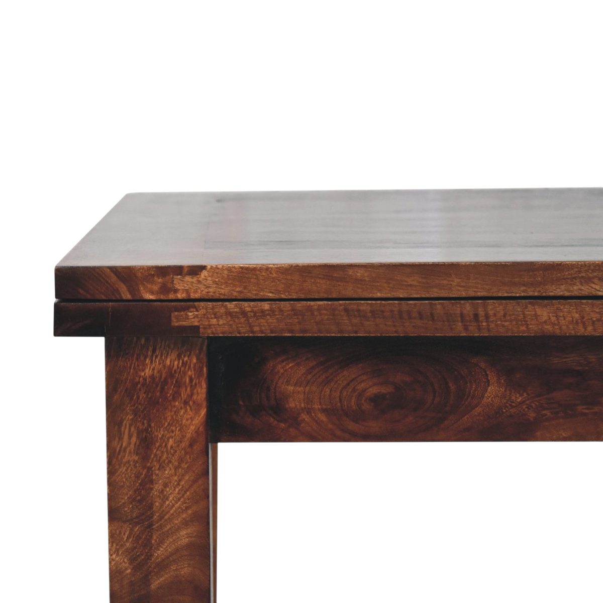 Close view of the edge on the Wetherby Extending Dining Table in Cocoa.