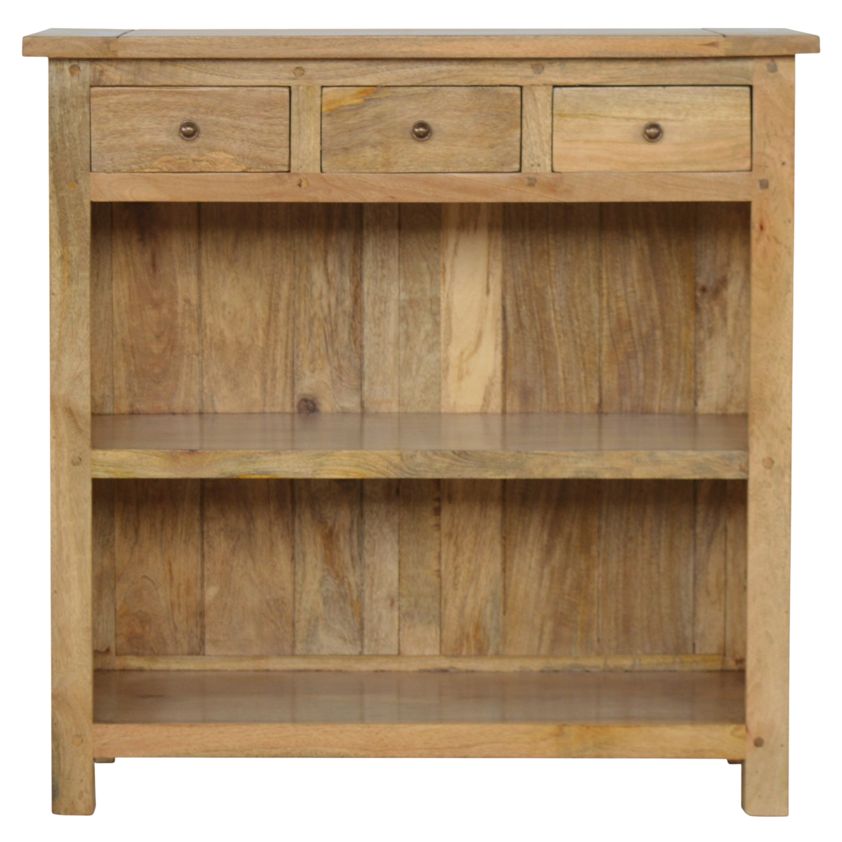 Wetherby Low Bookcase in Amber, front view. 100% solid hardwood in a pale amber finish, four drawers, two open shelves.