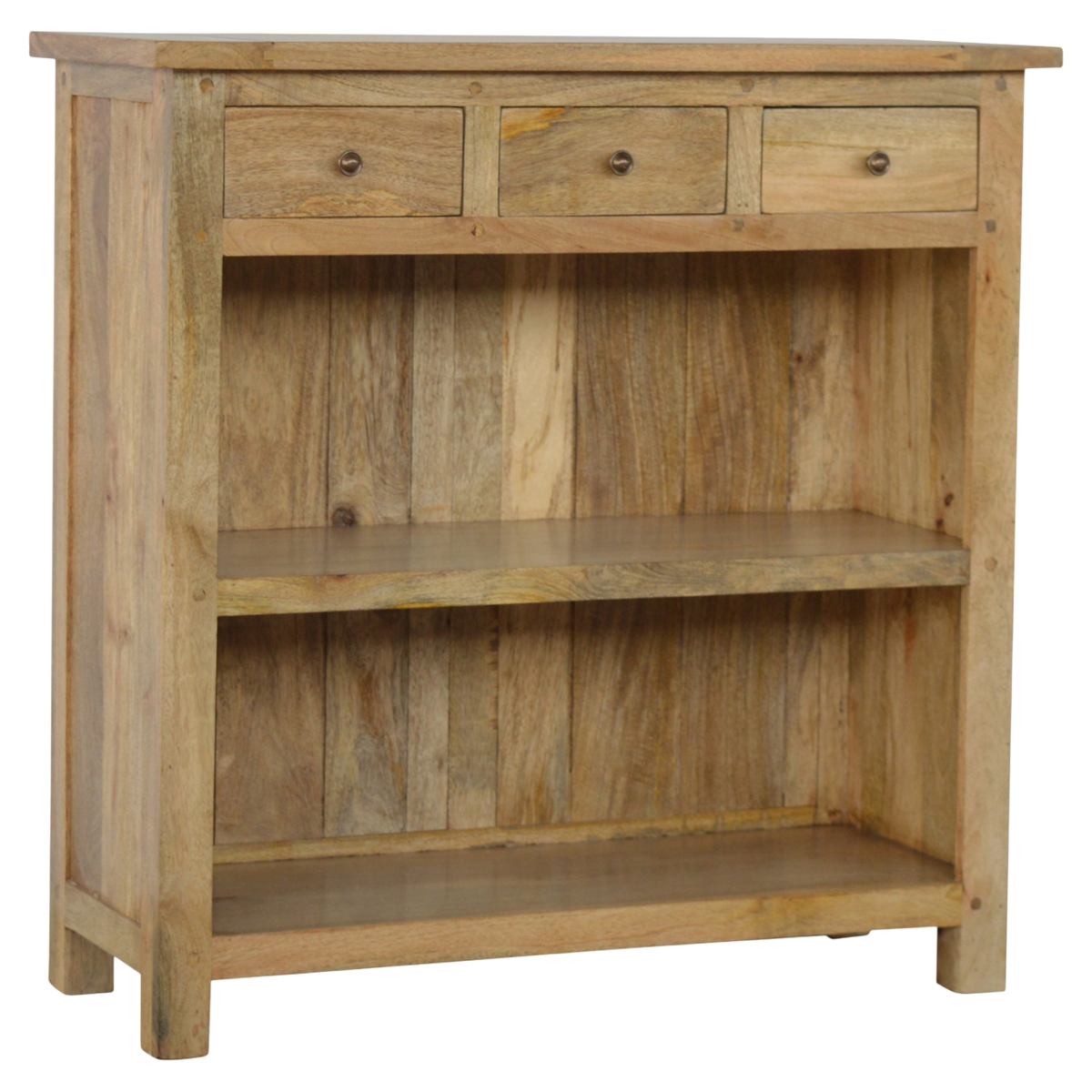 Wetherby Low Bookcase in Amber, three-quarter view showing the full profile.
