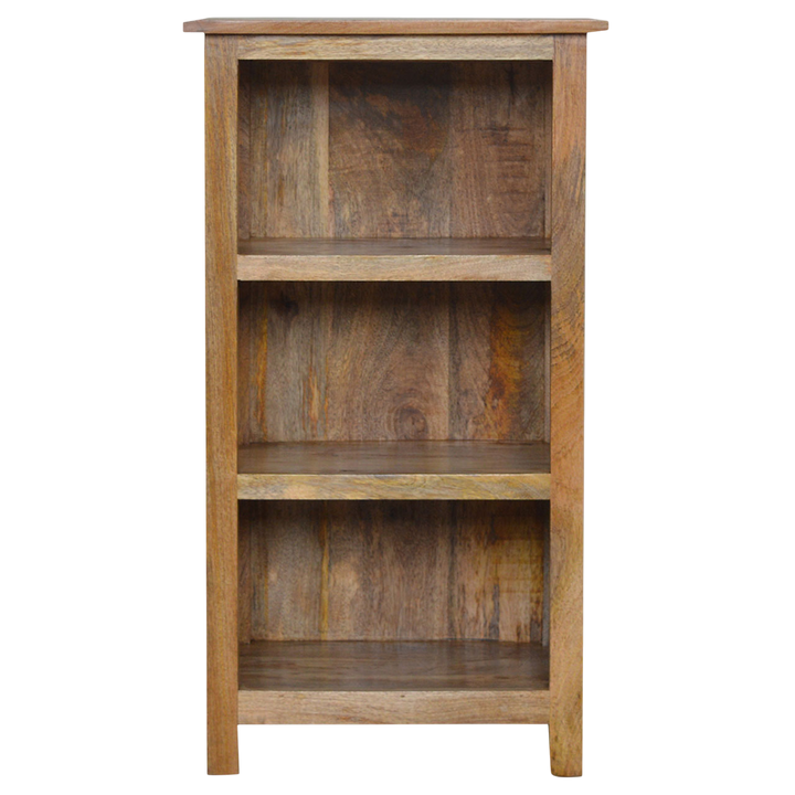 Wetherby Mini Bookcase in Amber, front view. 100% solid hardwood in a pale amber finish, country joinery, fixed shelving.