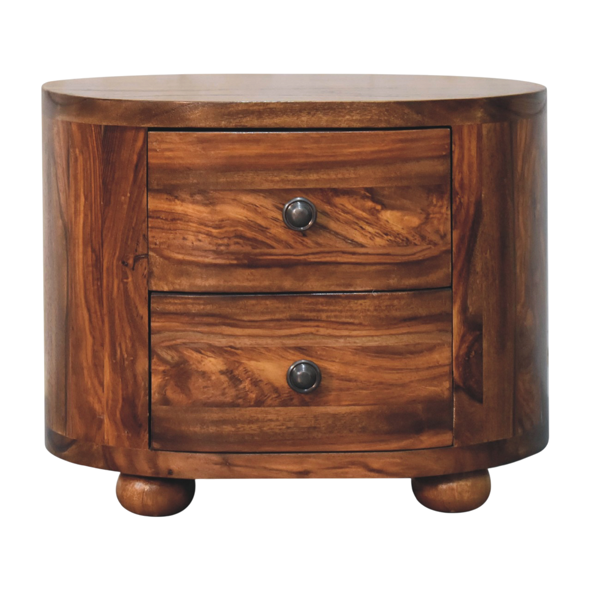 Wetherby Round Bedside Table in Chestnut, front view. 100% solid hardwood in a warm chestnut finish under a clear lacquer, two drawers, rounded bun feet.