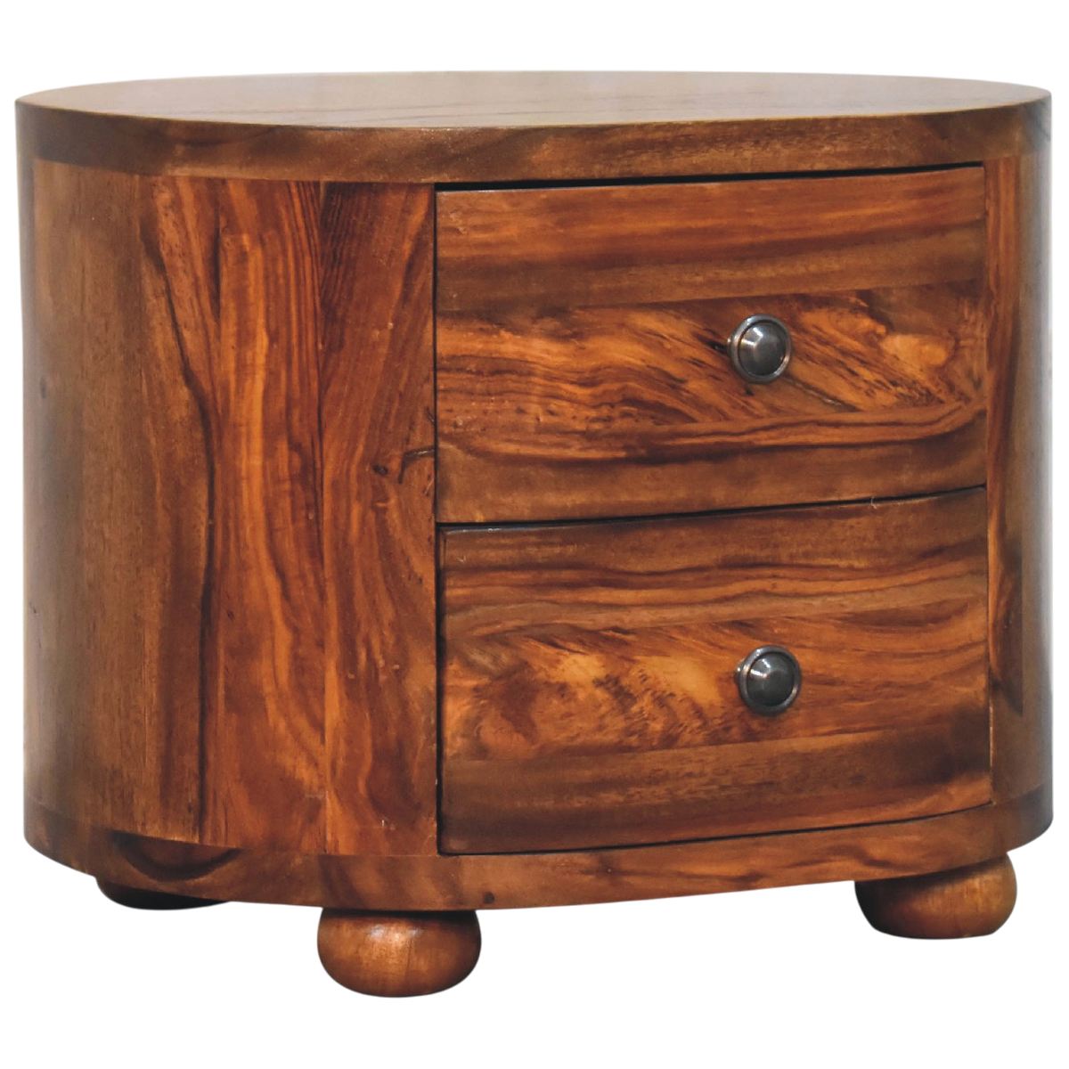 Wetherby Round Bedside Table in Chestnut, three-quarter view showing the full profile.