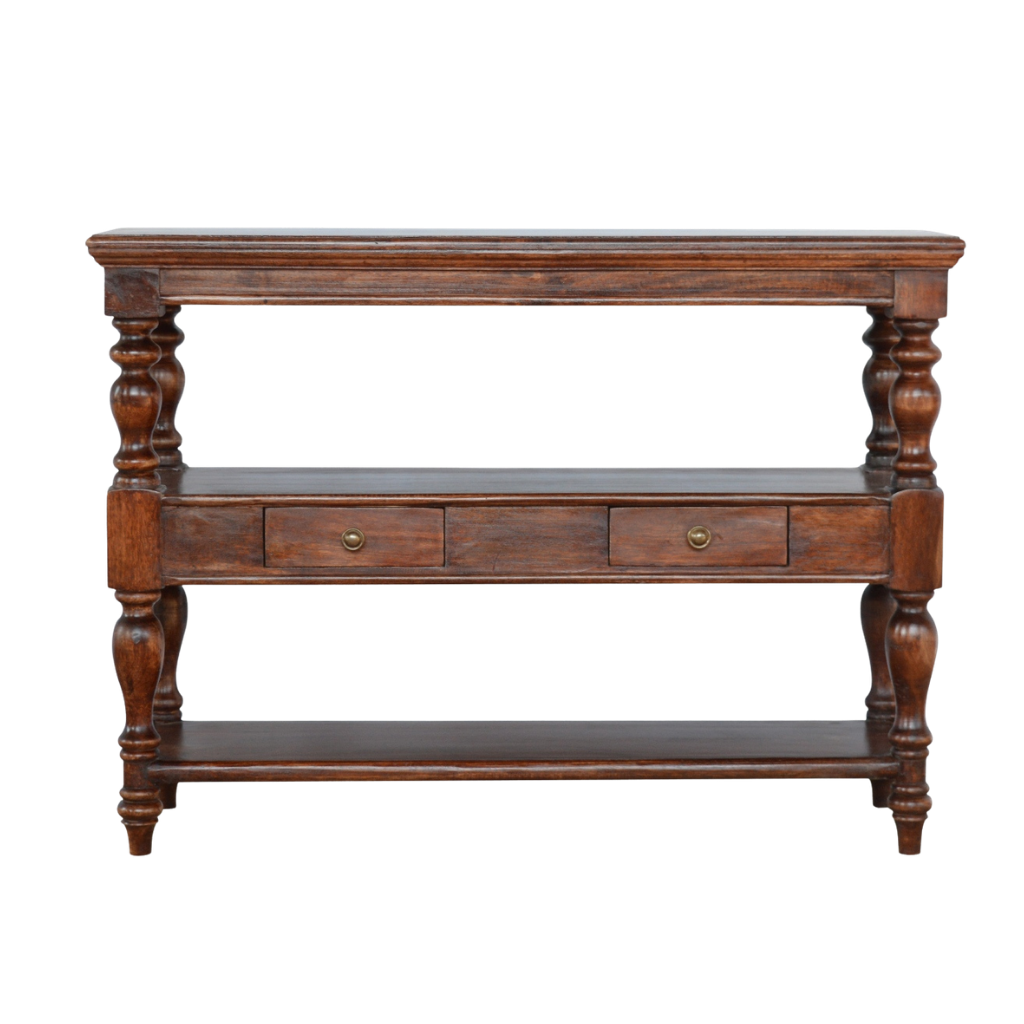 Wetherby Serving Console in Espresso, front view. Open shelving above a drawer on turned legs.