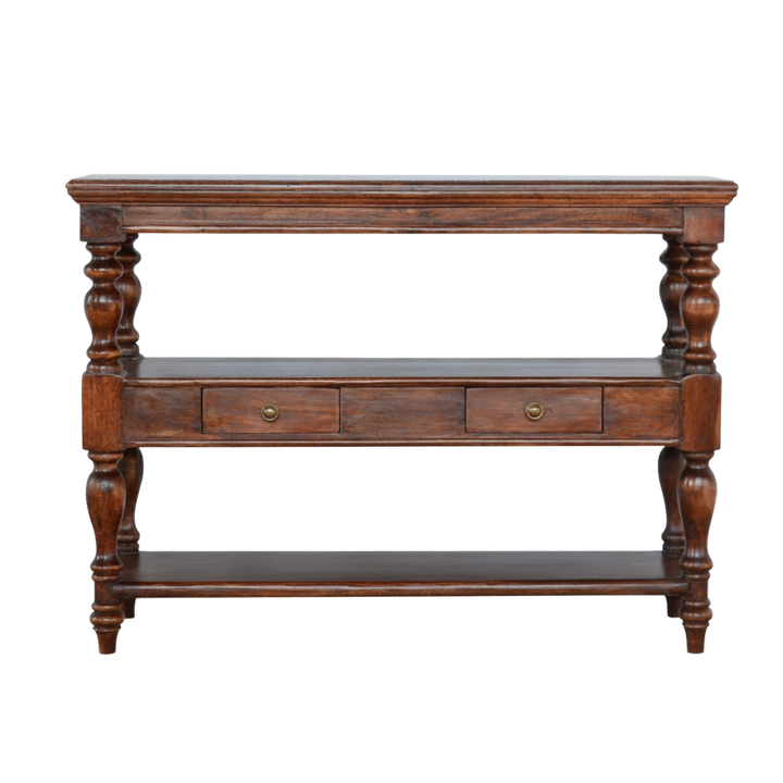 Wetherby Serving Console in Espresso, front view. Open shelving above a drawer on turned legs.