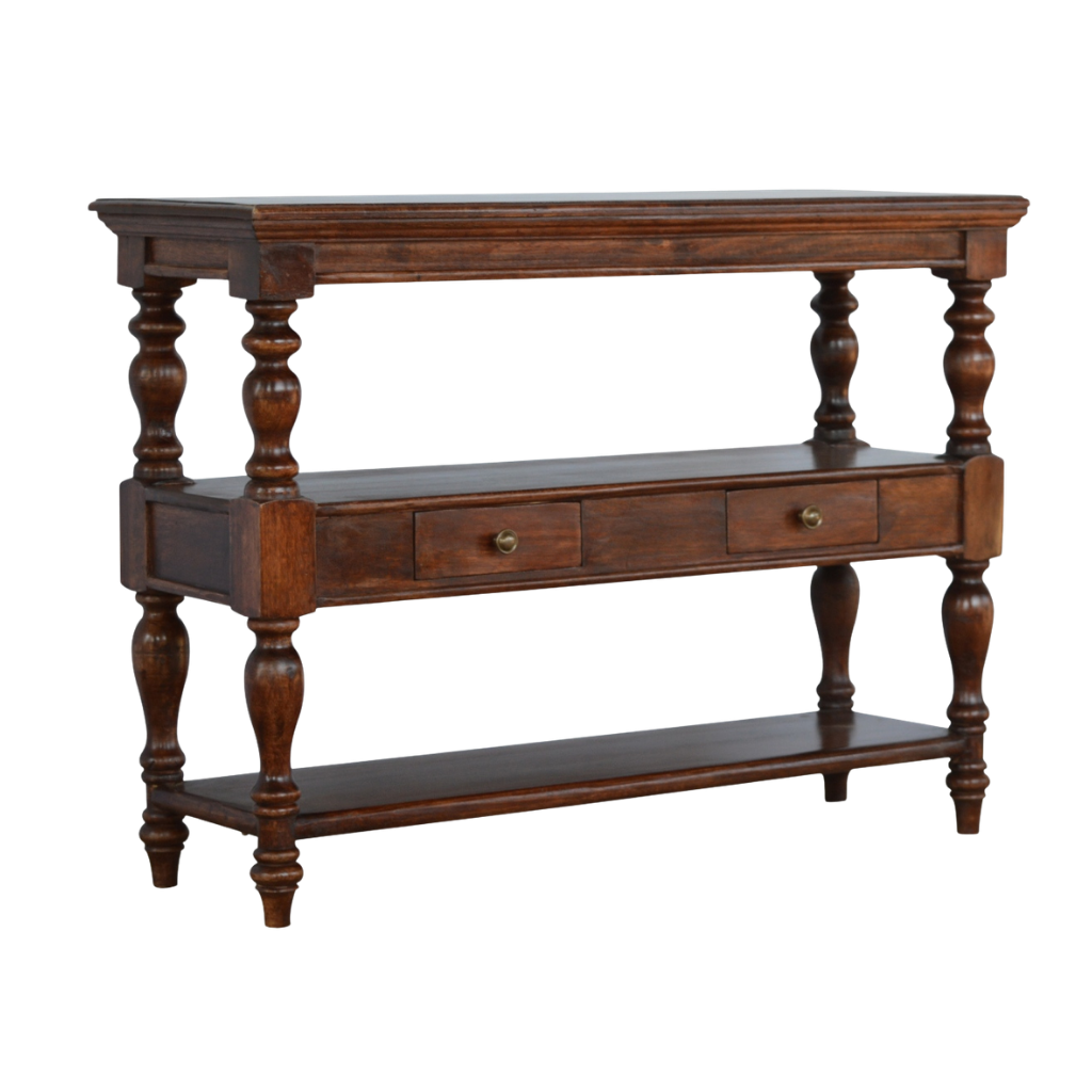 Wetherby Serving Console in Espresso, three-quarter view showing the depth and open shelves.
