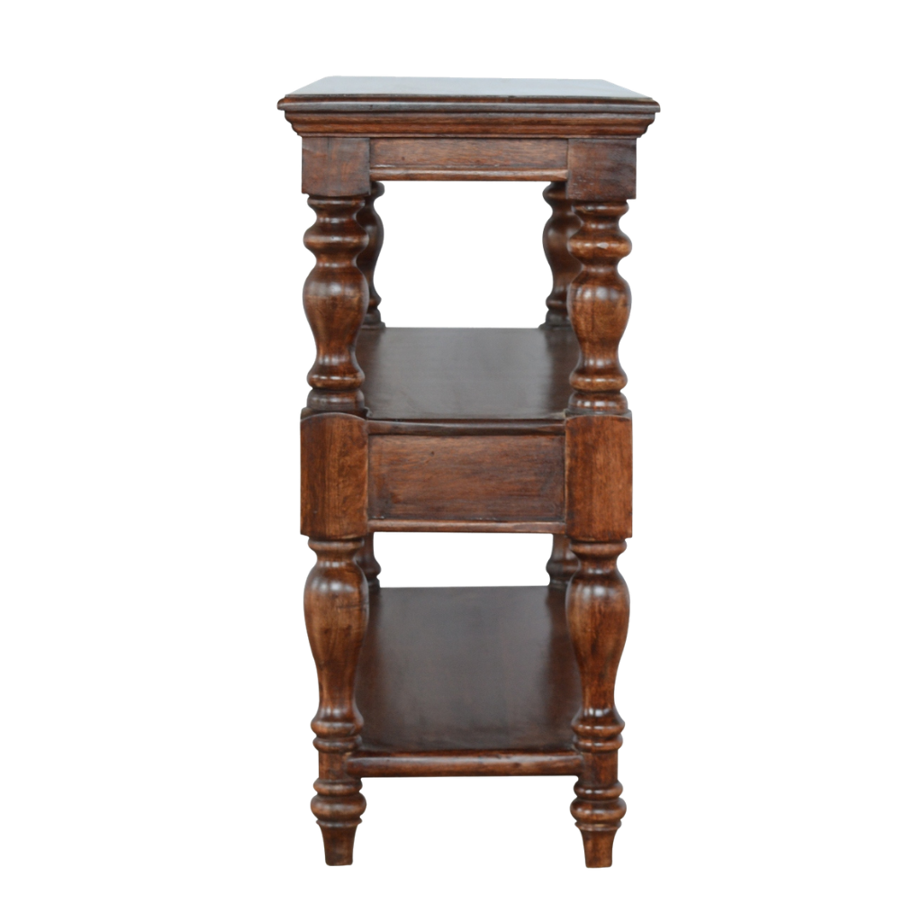 Wetherby Serving Console in Espresso, side view showing the narrow depth and leg profile.