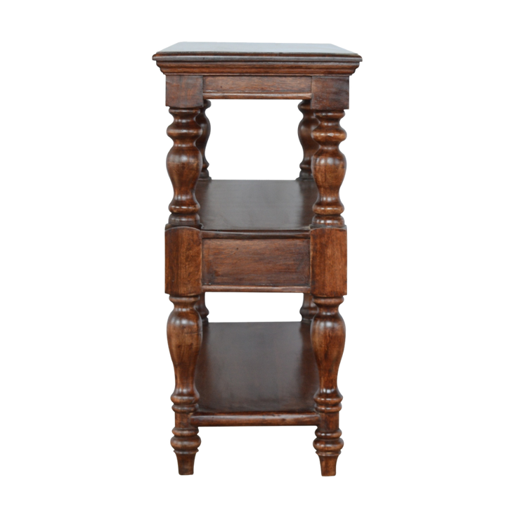 Wetherby Serving Console in Espresso, side view showing the narrow depth and leg profile.