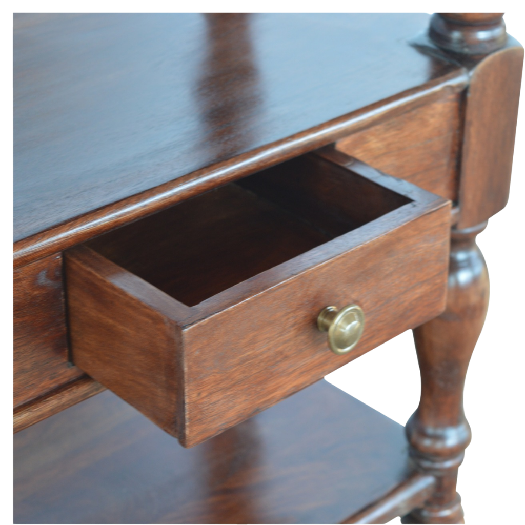 Close view of the open drawer and pull on the Wetherby Serving Console.