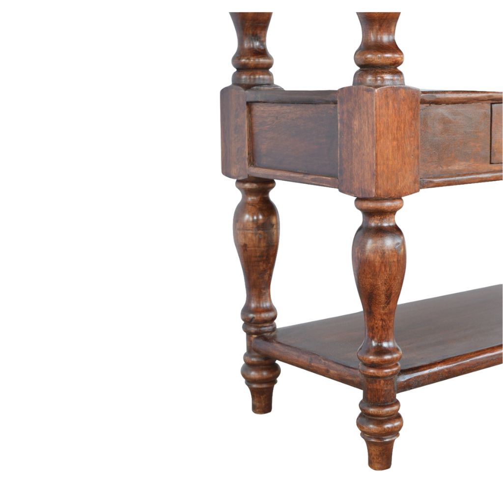 Close view of the turned legs and lower shelf of the Wetherby Serving Console.