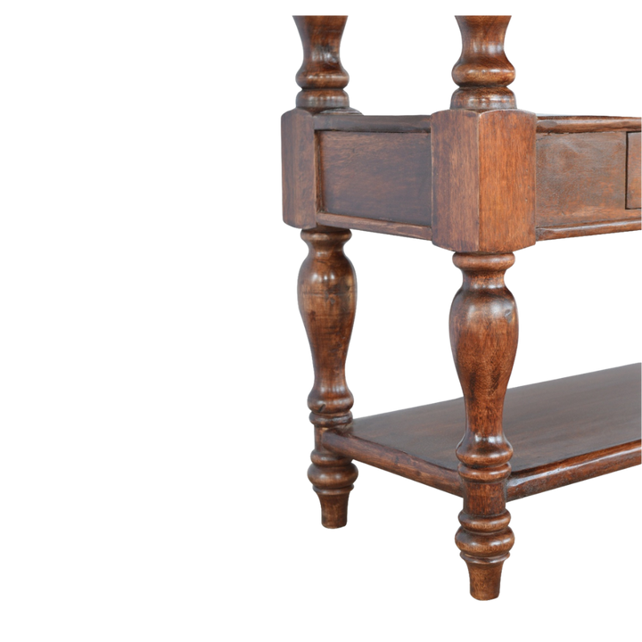 Close view of the turned legs and lower shelf of the Wetherby Serving Console.