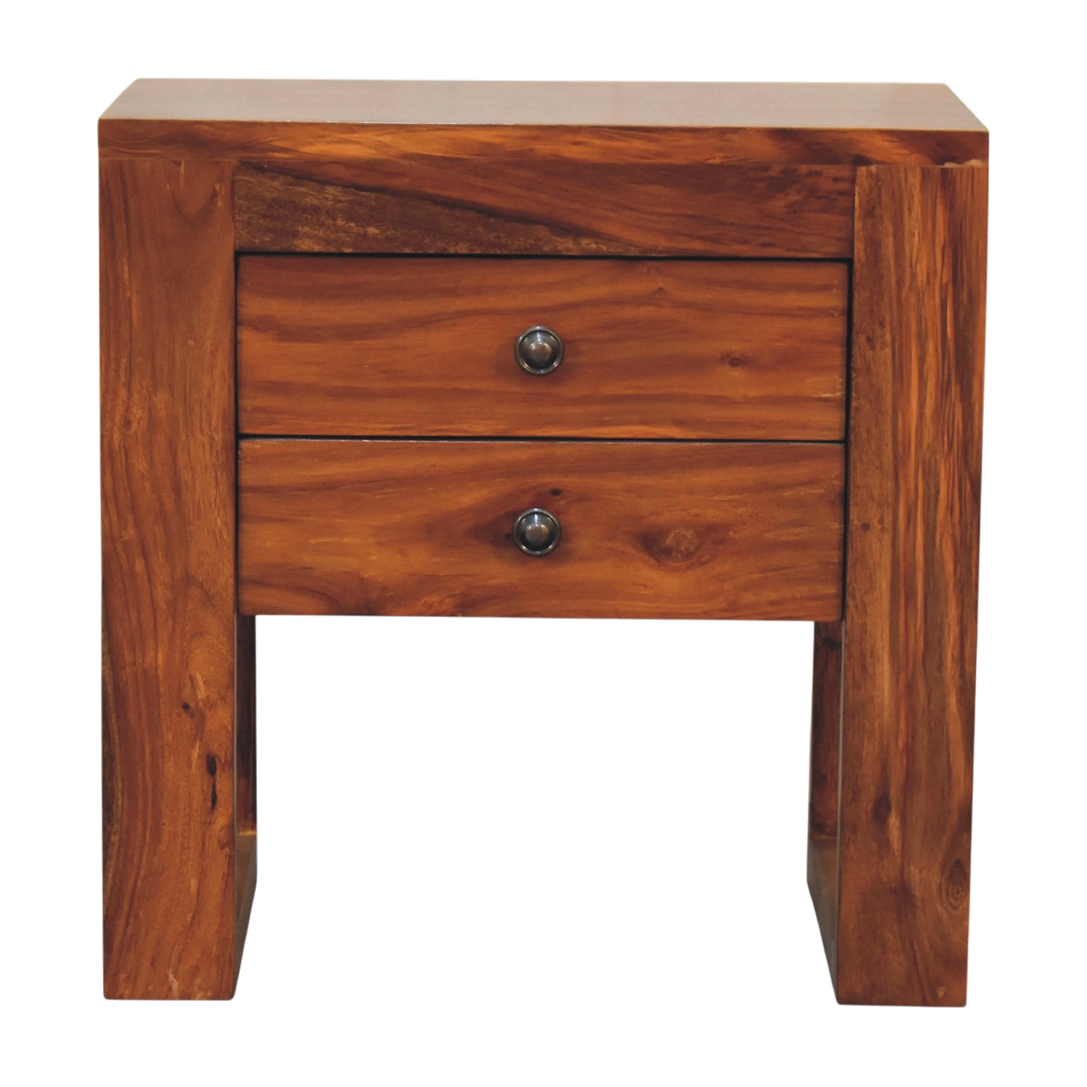 Wetherby Square Bedside Table in Chestnut, front view. 100% solid hardwood in a warm chestnut finish under a clear lacquer, two drawers, U-shaped legs.