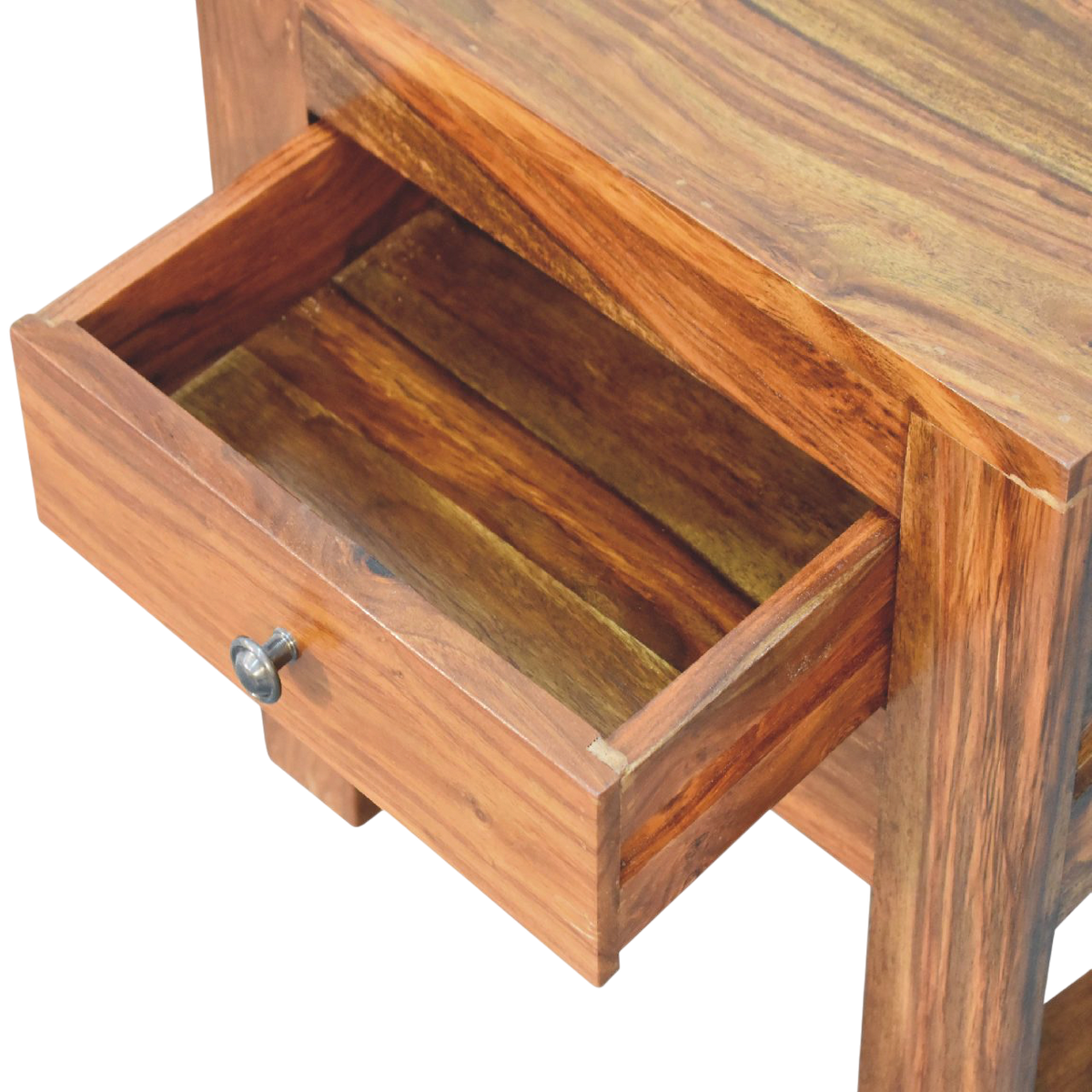 Wetherby Square Bedside Table in Chestnut, shown with a drawer open.