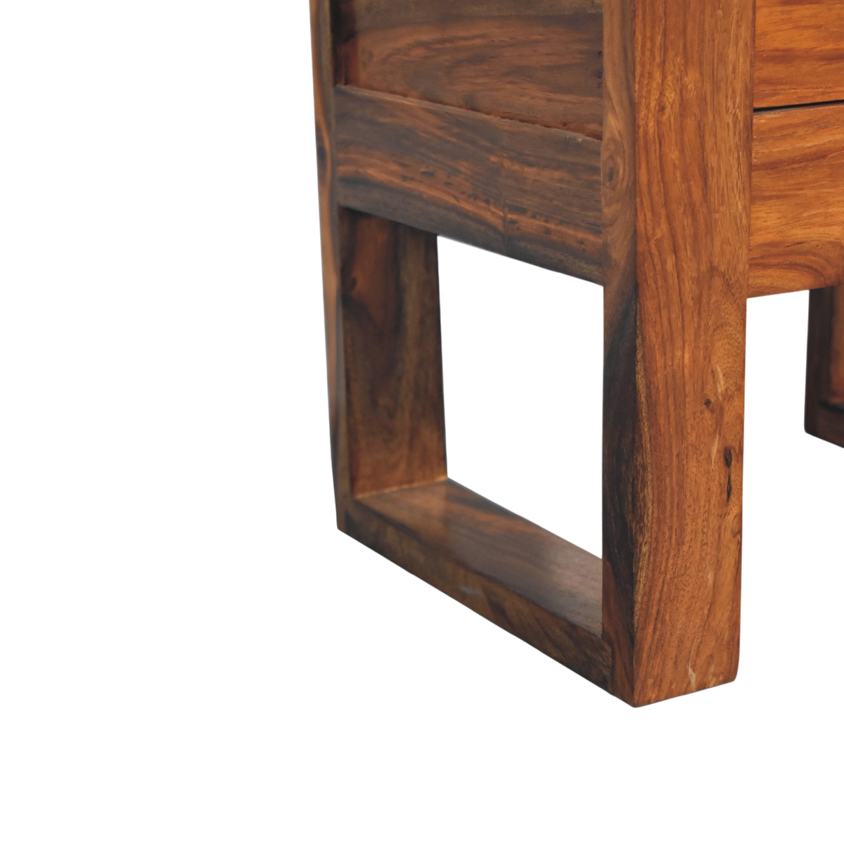 Close view of the frame on the Wetherby Square Bedside Table in Chestnut.